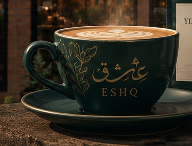 An ESHQ cup with latte art, served on a matching saucer