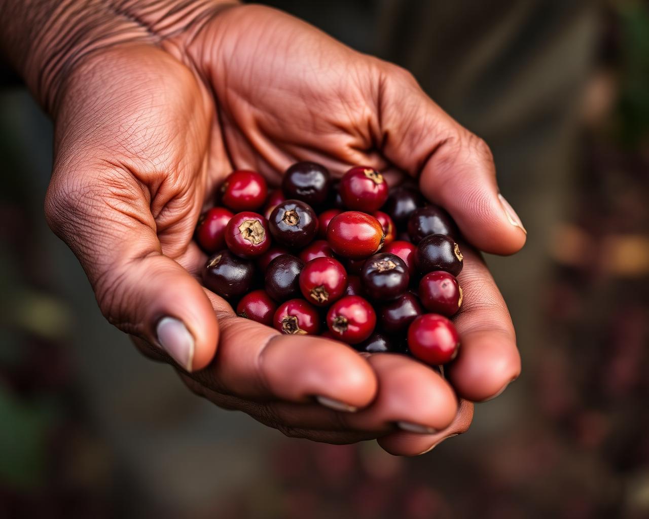 Farmer hands holding ripe red coffee cherries
