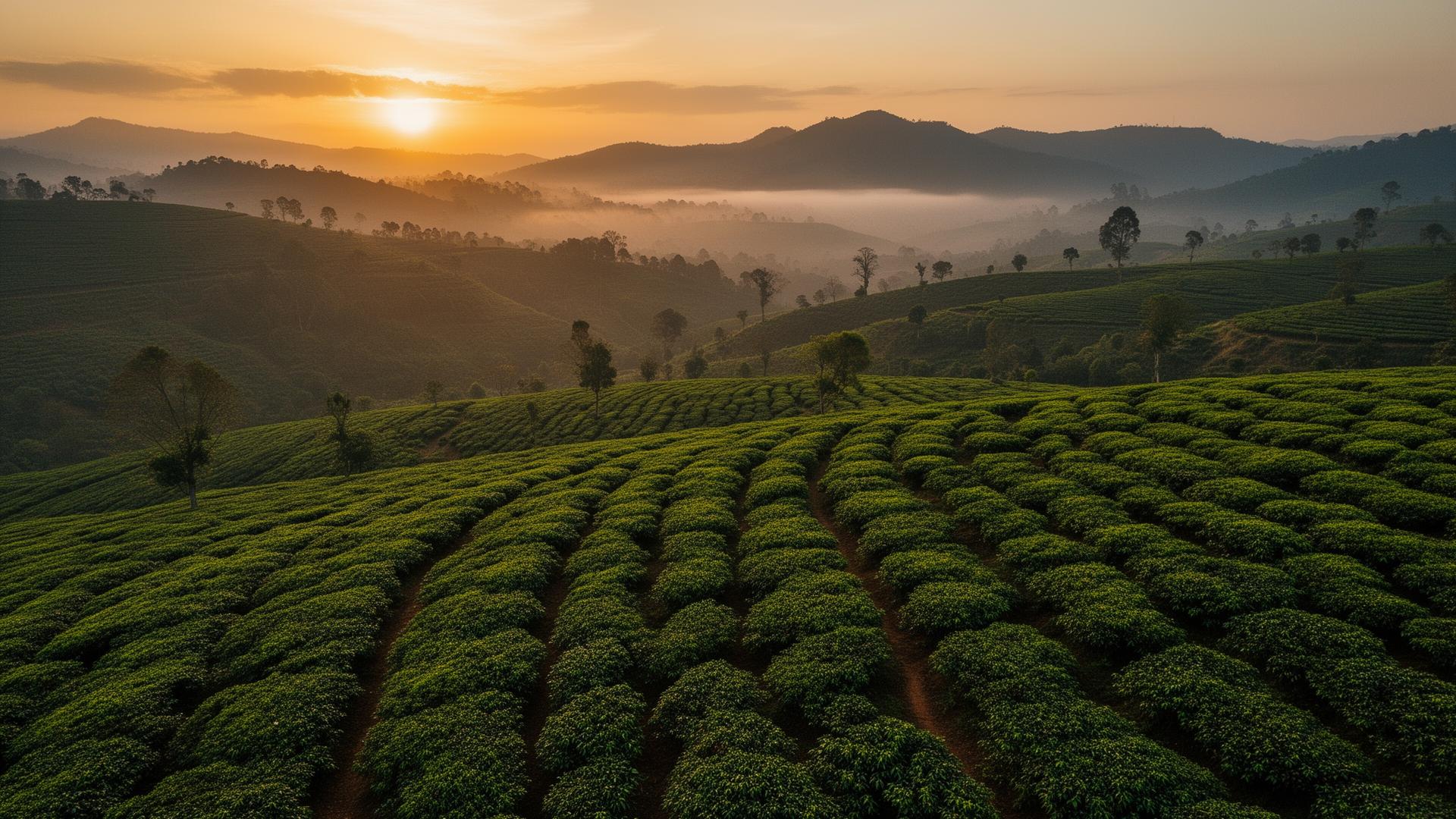 Aerial view of East African coffee plantations at sunrise